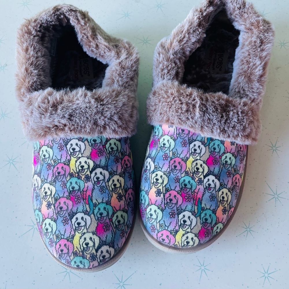 Bobs sketchers dog print cozy rover puppy furry shoes slippers womens size 8